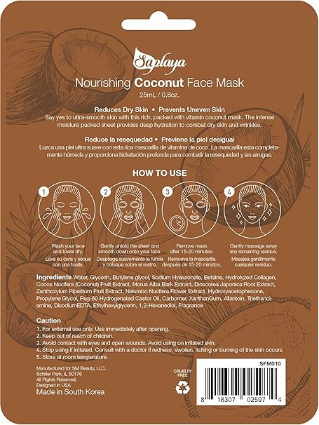 Saplaya k-beauty natural formula coconut sheet mask
