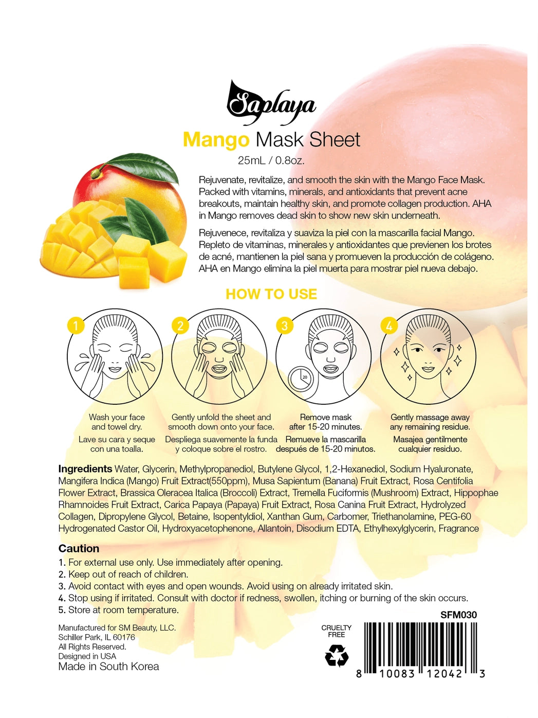 Saplaya k-beauty natural formula Mango sheet mask