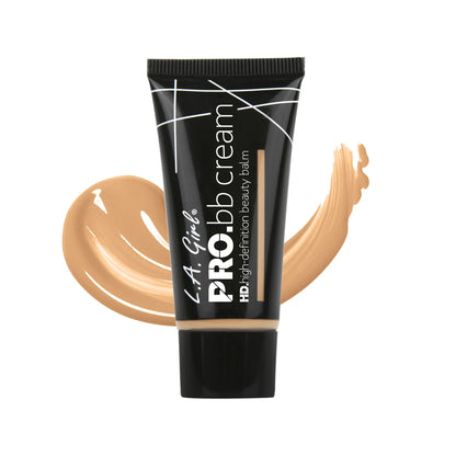 L.A. Girl Pro BB Cream tube with beige cream swatches on a white background