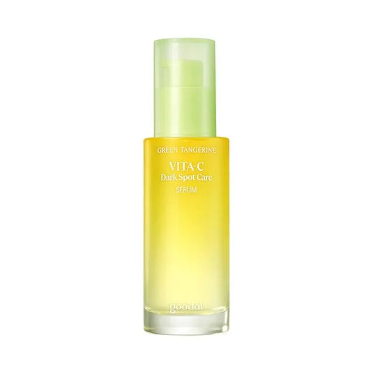 Goodal green tangerine Vita C dark spot care serum bottle on a white background