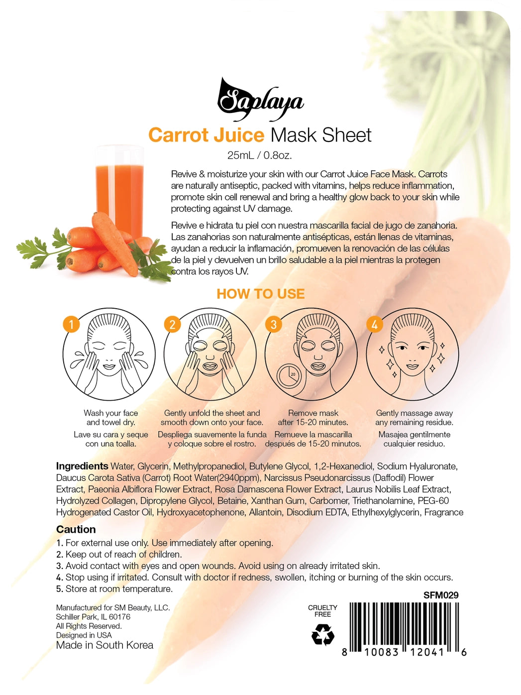 Saplaya  k-beauty natural formula carrot juice sheet mask