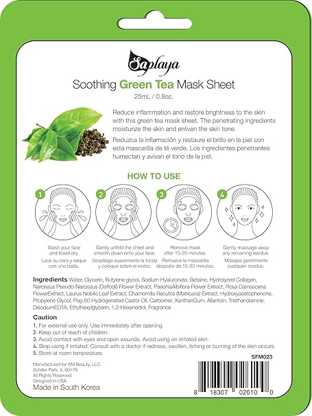 Saplaya  k-beauty natural formula green tea sheet mask