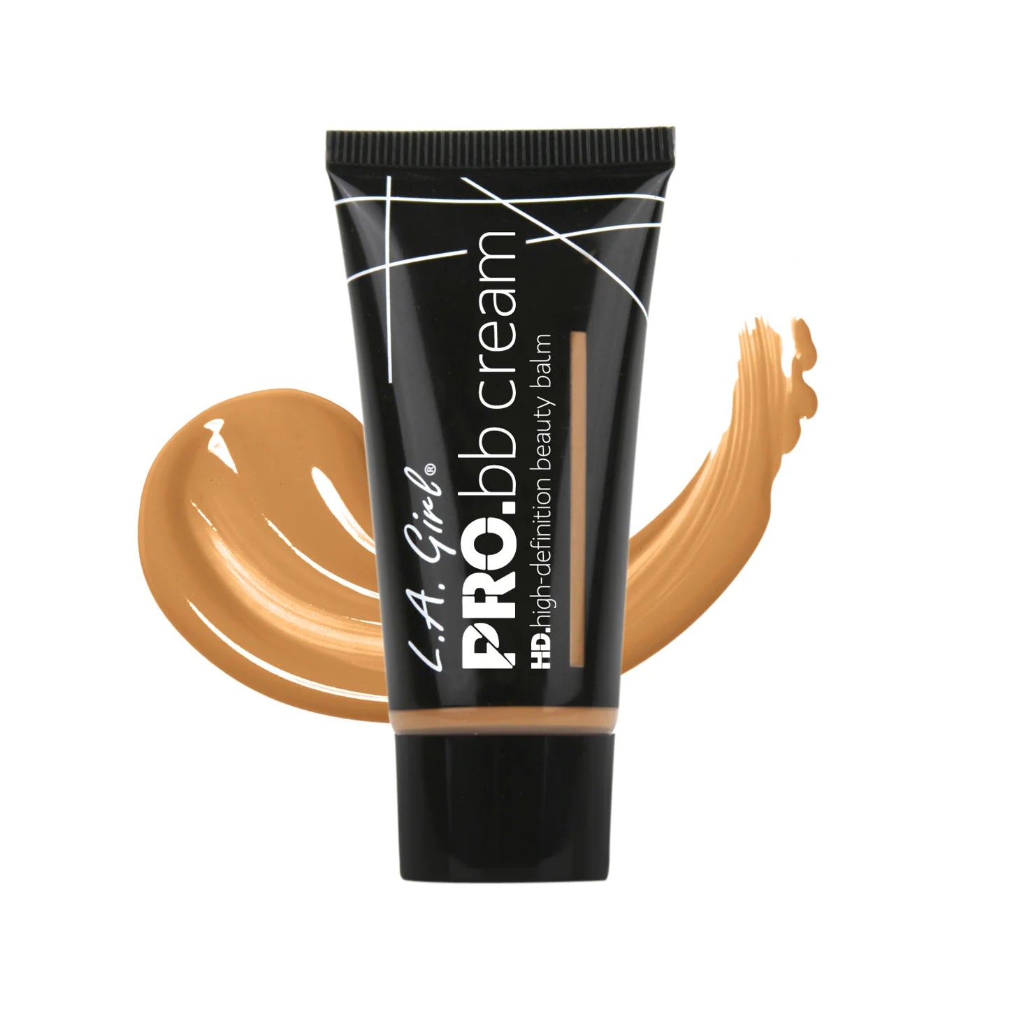 L.A. Girl Pro BB Cream tube with beige cream swatches on a white background