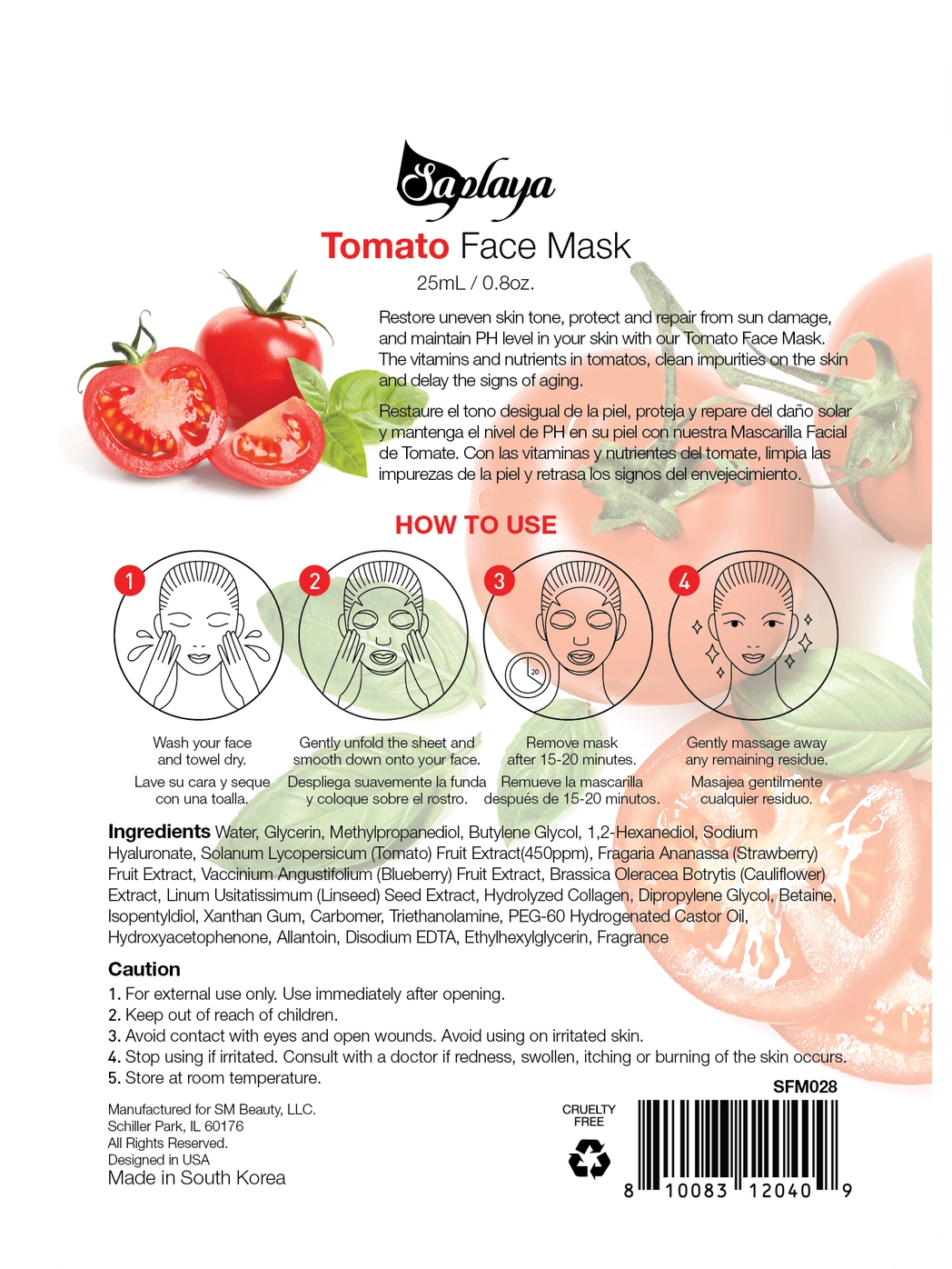 Saplaya  k-beauty natural formula Tomato sheet mask